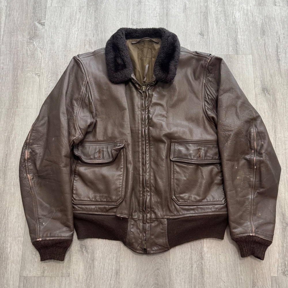 Vintage 60's USN Leather Flight Jacket G-1 Bomber Scovill Zipper Fur Collar Lg